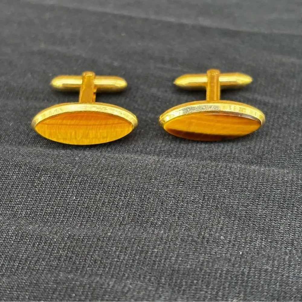 Vintage 1/20 14K Gold Filled Long Oval Tiger Eye Cufflinks Retro Eclectic